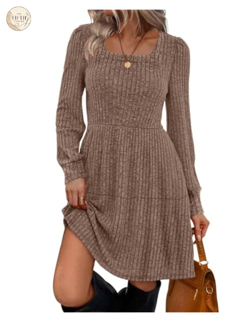 Sampeel Womens Square Neck Babydoll Sweater Dress Long Sleeve Casual Tunic